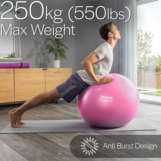Core Balance Exercise Ball for Workouts, Anti-Burst and Slip Resistant, Swiss Yoga Ball for Pregnancy, Stability, Fitness and Physical Therapy, 4 Sizes, with Pump