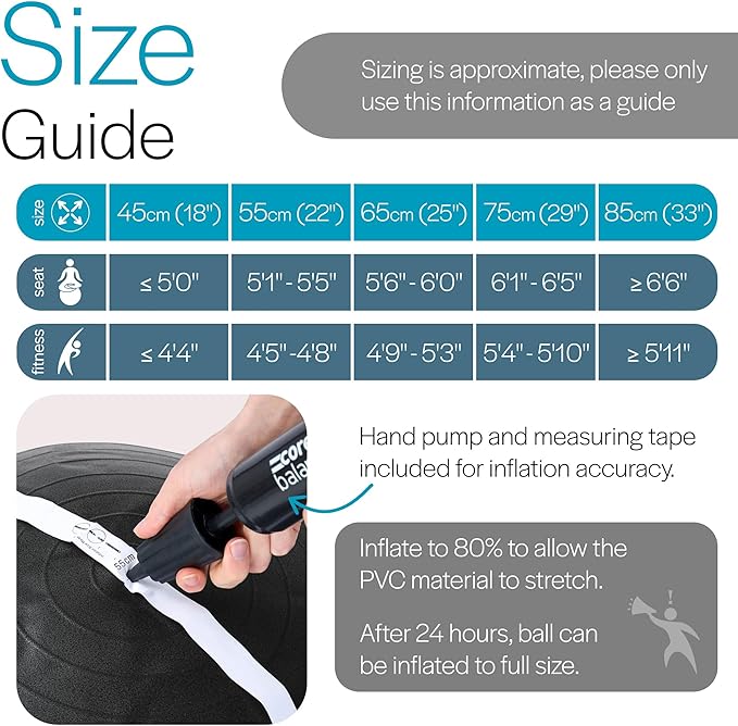 Core Balance Exercise Ball for Workouts, Anti-Burst and Slip Resistant, Swiss Yoga Ball for Pregnancy, Stability, Fitness and Physical Therapy, 4 Sizes, with Pump