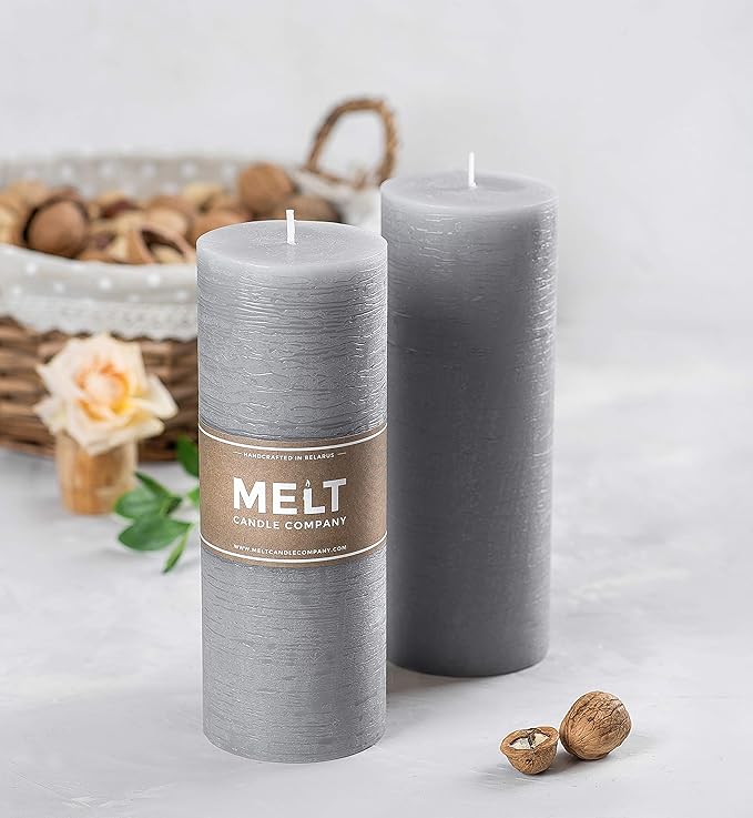 Set of 2 Pillar Candles 3" x 8" Unscented Handpoured Weddings, Home Decoration, Restaurants, Spa, Church Smokeless Cotton Wick - Grey