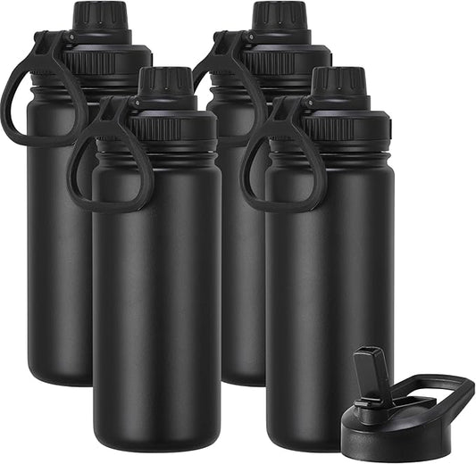 DOMICARE 16 oz Kids Water Bottle for School Stainless Steel Double Wall Vacuum Insulated Water Bottle with Straw lids & Spout Lid, Leakproof BPA Free （Black,4）