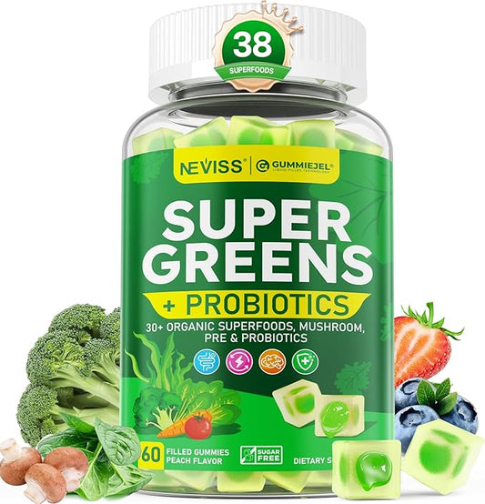 Organic Super Greens Daily Gummies + Probiotics, Spirulina, Chlorella, Spinach, Broccoli, Fiber, Fruits Veggies, Mushroom - Greens Powder Superfood Alternative, Natural Energy, Sugar Free Vegan, 60Cts