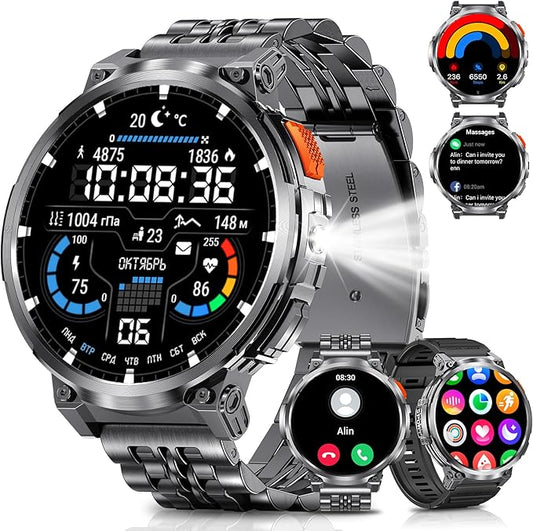 1.85" Big Screen Military Smart Watch for Men with Flashlight, 730mAh Large Battery, IP68 Waterproof, Bluetooth Calling, 114 Sports Modes, Heart Rate/Sleep Monitor for iOS Android
