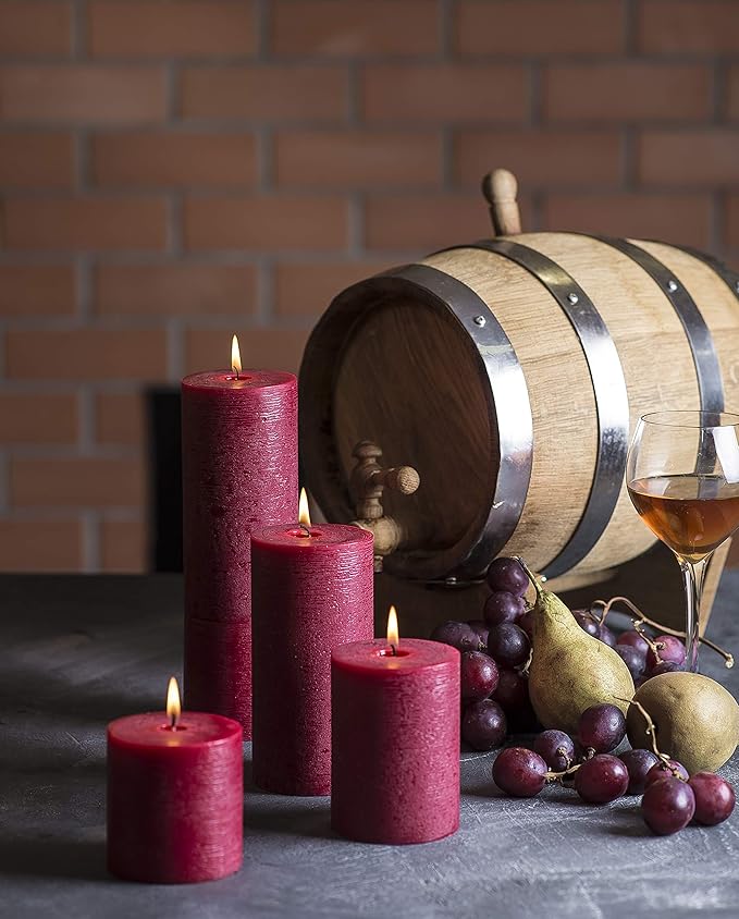 Set of 3 Pillar Candles 3" x 6" Unscented Handpoured Weddings, Home Decoration, Restaurants, Spa, Church Smokeless Cotton Wick - Burgundy