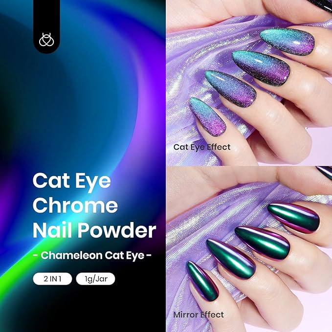 Beetles Cat Eye Chrome Nail Powder Set, 2 in 1 Holographic Metallic Mirror Effect Chameleon Galaxy Powder with No Wipe UV Gel Top Coat Magnet for Velvet Metallic Nail Art