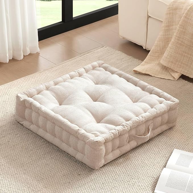 Intelligent Design Azza Large Cushion/Pouf, 24" W x 24" L x 5" H, Square Ivory with Handle