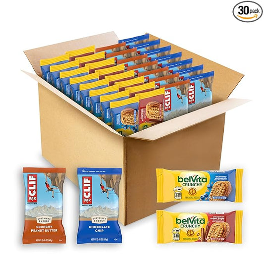 CLIF BAR Energy Bars and belVita Breakfast Biscuits Variety Pack, 4 Flavors, 30 Count