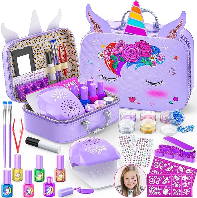 Kids Nail Polish Set for Girls, Nail Art Kit with Nail Dryer & DIY Nail Stickers, Nail Kit Toys for Girls with Non-Toxic Nail Polish,Age 3-12 Little Girl Gift Toys- Purple