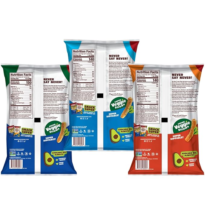 Jackson’s Super Veggie Straws™ Variety Pack (5 oz, Pack of 6) – Ranch, Cheddar, Sea Salt – Gluten Free, Made with Premium Avocado Oil, Veggie Chips, Snack Variety Pack, Veggie Straws Individual Bags