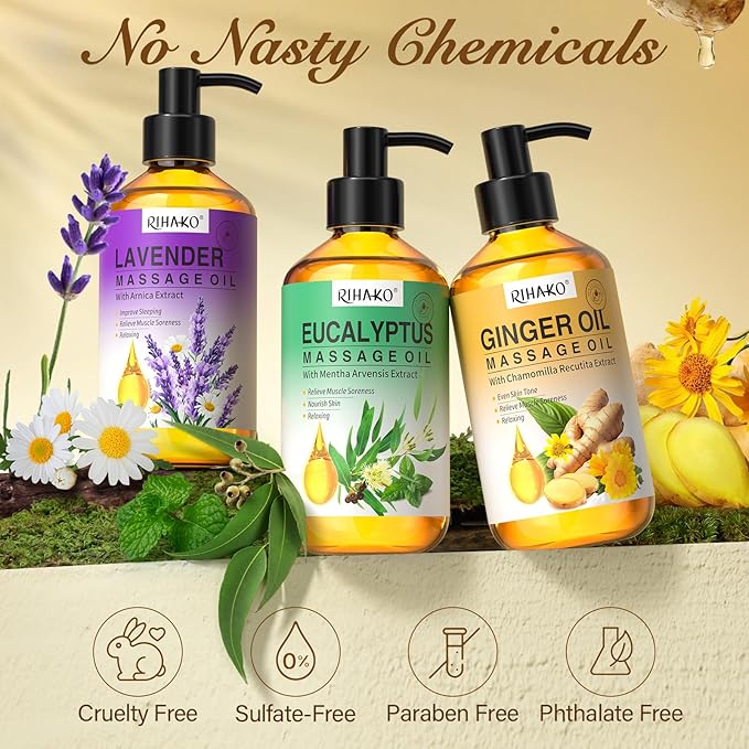 3 Pack Massage Oil for Massage Therapy,Ginger for Lymphatic Drainage, Lavender for Relaxation, Eucalyptus Mint for Muscle Relief | Massage Therapy & Date Night Spa Gift with Massage Ball for Him & Her