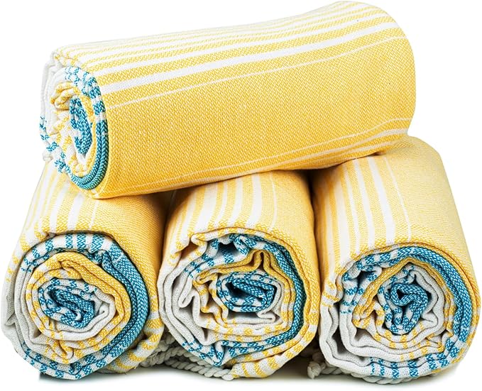 HILLFAIR Cotton Turkish Beach Towels, Quick Dry Lightweight Sand Free Peshtemal Towel for Bath Swim Yoga Travel, Beach Accessories, Oversized Cotton Turkish Towels (39 x 72 inch- 4 Pack Yellow Blue)