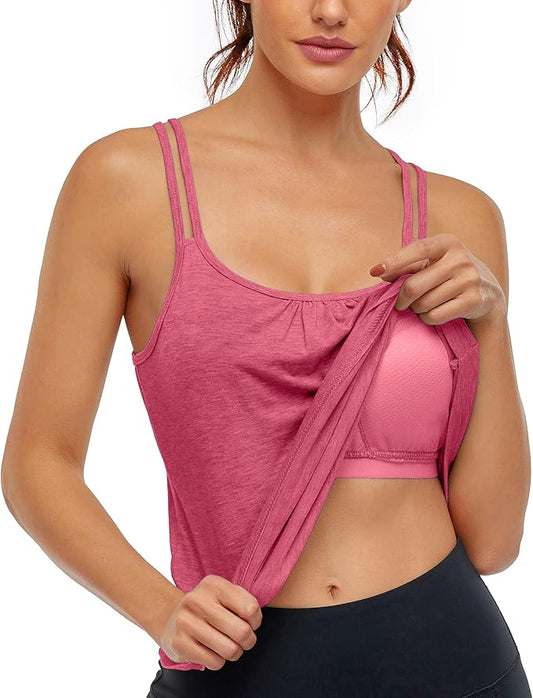 Hibelle Women's Workout Yoga Racerback Tank Tops with Built in Shelf Bra