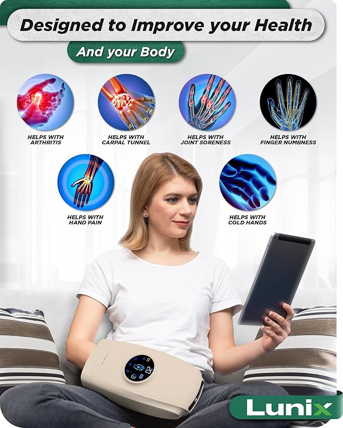 Lunix LX7 Touchscreen Electric Hand Massager with Compression and Heat, Pressure Point Therapy for Arthritis, Pain Relief, and Carpal Tunnel, Shiatsu Massage Machine, with Hand Warmer, Beige