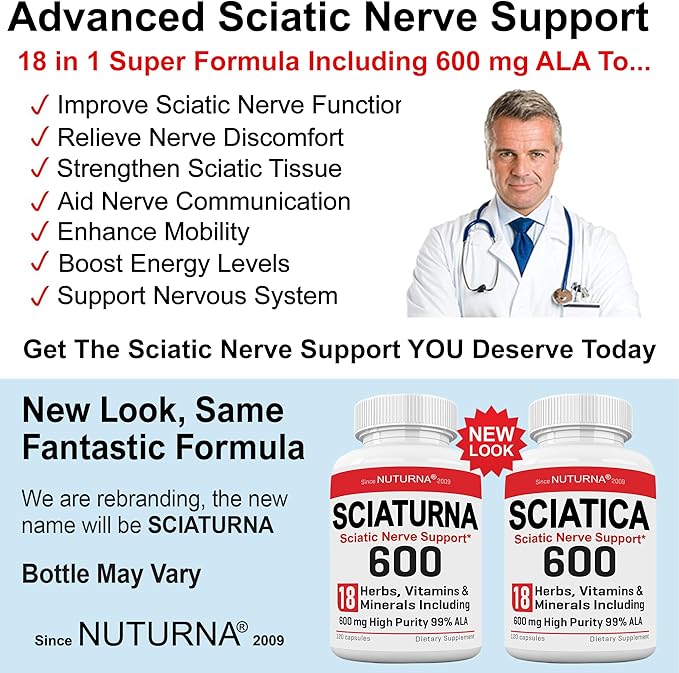 Sciatica Nerve Relief Supplement with 600 mg Alpha Lipoic Acid - Maximum Strength ALA Sciatic Support for Feet, Hands, Fingers, and Legs - Ultra Potent 18-in-1 Natural Nerve Vitamins - 120 Capsules