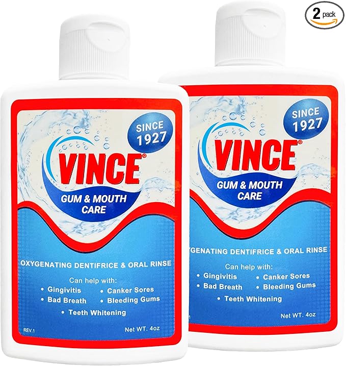 Vince Gum and Mouth Powder - Daily Use Dentifrice - Oxygenating Bubbles - Bad Breath - Gingivitis - Irritated Bleeding Gums - Canker Sore - Inflammation - Wounds - Cleanse & Refresh - 4oz (Pack of 2)
