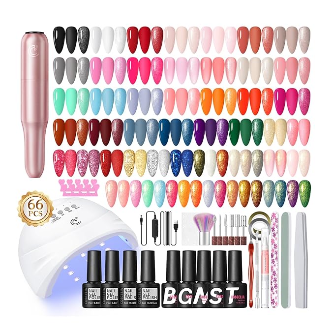 COSCELIA 66pcs Gel Nail Polish Kit with U V light and Drill 35 Colors Fall Winter Gel Polish Set 5pcs Top Base Coat Nail Art Starter French Gel Manicure Kit Christmas Gifts for Women Teens Girls