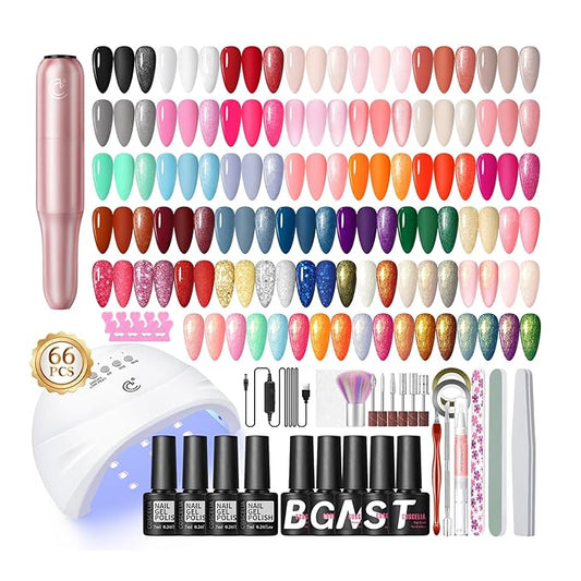 COSCELIA 66pcs Gel Nail Polish Kit with U V light and Drill 35 Colors Fall Winter Gel Polish Set 5pcs Top Base Coat Nail Art Starter French Gel Manicure Kit Christmas Gifts for Women Teens Girls