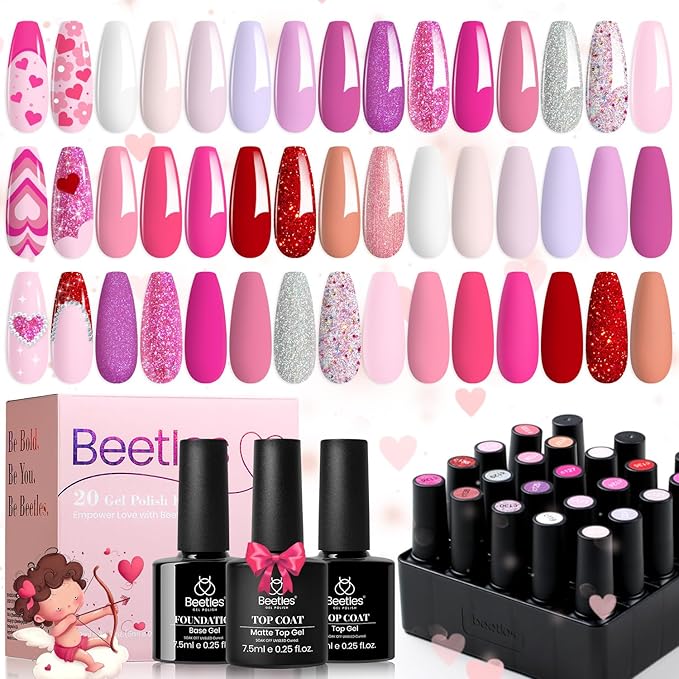 beetles Pink Gel Polish Set 20 Colors Hot Pink Alluring Sweetie Collection Nude Purple Glitter Red Uv Gel Manicure Kit with Base Glossy and Glitter Top Coat Gifts for Women