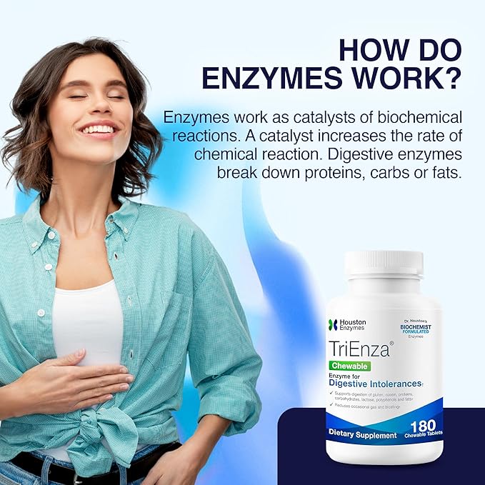 Houston Enzymes TriEnza - Digestive Enzyme Supplement for Gluten, Casein, Soy, Proteins, Carbohydrates, Fats & Polyphenols - Digestive Enzymes for Women & Men (180 Chewable Tablets)