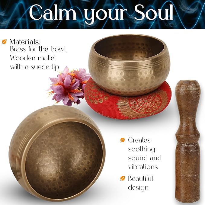 Tibetan Singing Bowls Set - Meditation Sound Bowl Stress Relief Tool and Spiritual Decor for Yoga Mindfulness, Healing & Chakra balancing Relaxation by Himalayan (3.2″ Original)