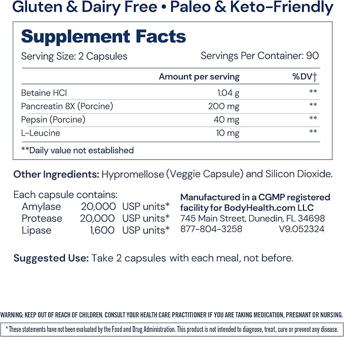 BodyHealth Digestive Enzymes Full Spectrum Digestive Support (180 caps), Betaine, Pepsin, Pancreatin BPP Loaded with Enzymes and Probiotics, Relief for Stomach Bloating, Heartburn, Gas, Constipation
