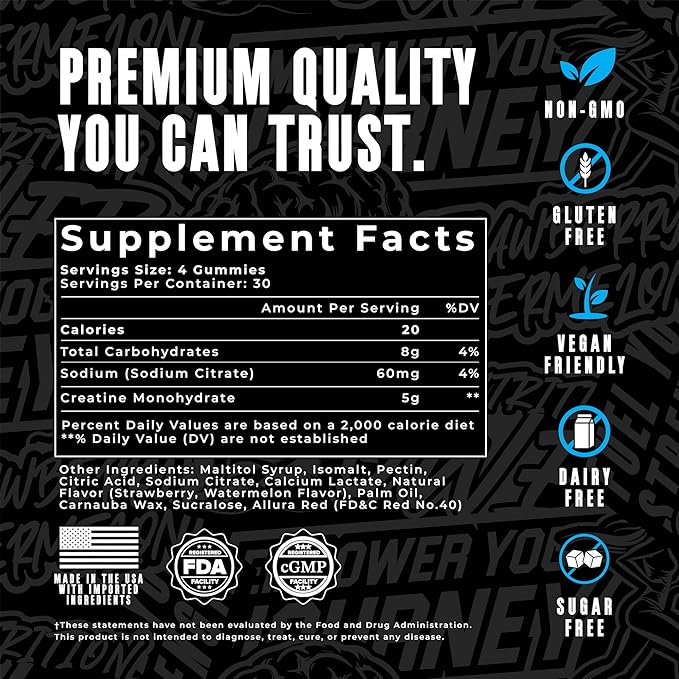 Creatine Monohydrate Gummies 5g - Strawberry-Watermelon Flavored Creatine for Men and Women - Supplement Supports Muscle Growth, Energy, Pre and Post Workout, Focus & Cognition, Recovery (120 Count)