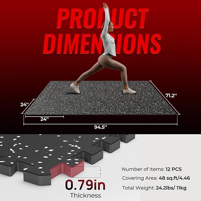 SUPERJARE 0.79'' Extra-Thick Exercise Equipment Mats, 12 Pcs 48 Sq Ft Rubber Top Floor Tiles with High Density EVA Foam, Interlocking Gym Flooring for Home Gym, Workout Mat, Black/Grey
