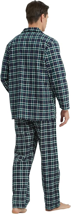 GLOBAL Men's Pajamas Sets 100% Cotton Flannel Sleepwear Long-Sleeve top & Bottom