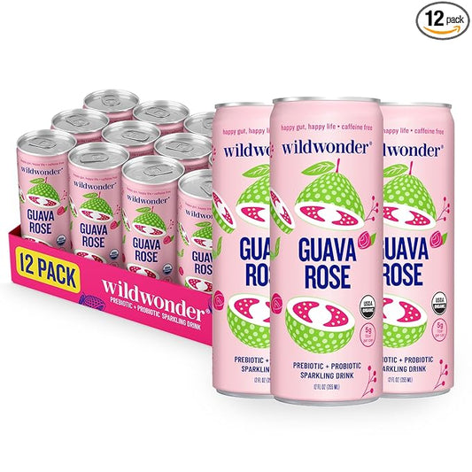 wildwonder Sparkling Probiotic Drink 12pk, For Gut Health & Immune Support, Guava Rose, 5g Prebiotic Fiber, Live Probiotics, Organic, Vegan, Low Sugar, 12 Pack, 12oz Can, As Seen on Shark Tank