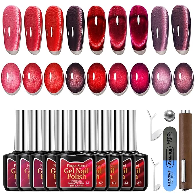 Gel Nail Polish Set, Cat Eye Gel Polish Kit, Scarlet Burgundy Carmine Dark Red Purple Holographic Reflective Magnetic Shimmer Gel, Manicure Salon DIY Gifts, Soak Off, UV/LED Cured (9 Colors A)
