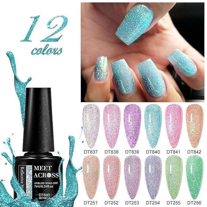 MEET ACROSS Gel Polish Reflective Glitter Gel Nail Polish Set, 12 Colors Holographic Sparkle Glitter Gel, Flash Diamond Gold Red Purple Green UV LED Soak Off Manicure Kit Gift for Women Girls