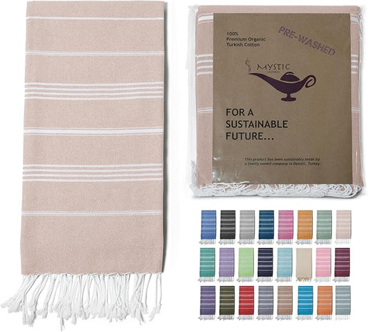 Turkish Beach Towel 100% Organic Cotton Extra Large Oversized (39 x 71 Inches) Quick Dry Sand Free Light Weight Prewashed for Bath Beach Gym Yoga Travel Towel Blanket (Medium Beige)