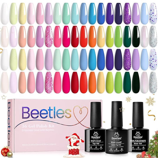 beetles Gel Polish Nail Set, 36 Colors Floral Rhapsody Collection Fall Orange Yellow Girly Sparkle Glitter Polish with 3Pcs Base Matte & Glossy Top Soak off Uv Lamp All Seasons Gifts for Her