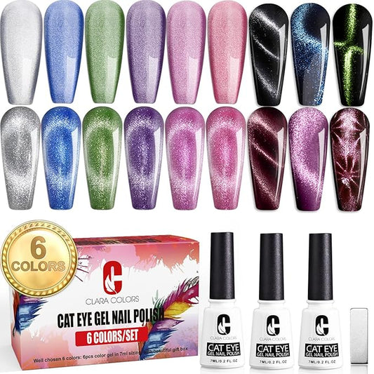 Clara Colors Cat Eye Gel Nail Polish Set of 6 Colors Magnetic Nail Polish Set Holographic Glitter 9D Galaxy Series Cat Eye Gel Polish Set with 1 Magnet Stick for Home DIY Soak Off UV LED