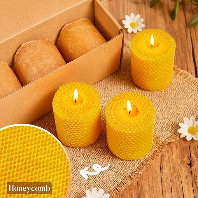 Beeswax Pillar Candles, 3x3 Inch -Set of 3 Hand-Rolled Honeycomb Candle - Long Burning 50+ Hours, Dripless Smokeless Unscented Handmade Beeswax for Home Decor, Prayer, Wedding,SPA