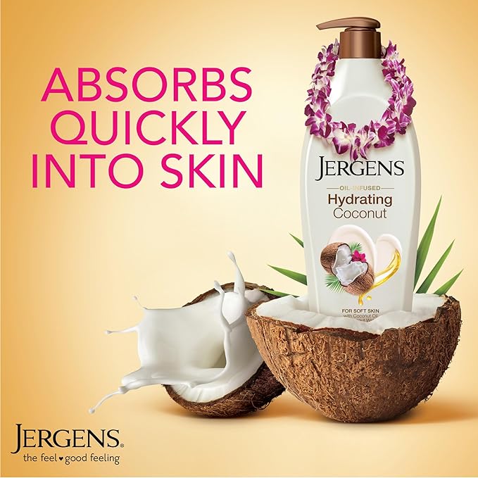 Jergens Hydrating Coconut Body Lotion, Hand and Body Moisturizer, Infused with Coconut Oil, Hydrates Dry Skin Instantly, Dermatologist Tested, 16.8 oz