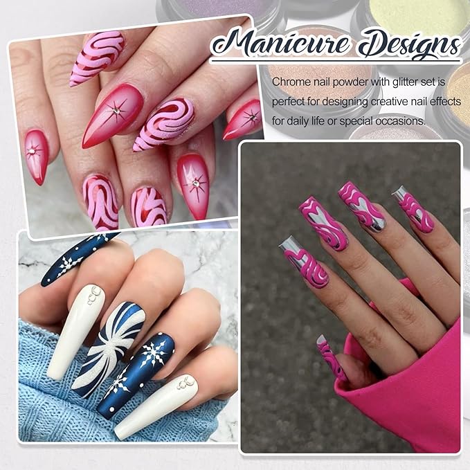 Chrome Nail Powder with Nail Glitter Set 12 Colors Gold Silver Copper Holographic Nail Powder Iridescent Metallic Mirror Crome Powder with Brushes for Chrome Gel Nail Decor