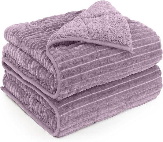 Sherpa Fleece Weighted Blanket with Ribbed Stripes for Adults, 15 lbs Dual Sided Cozy Warm Blanket for Couch Full Size Bed, Ceramic Beads Heavy Thick Blankets Great for Sleep, Light Purple, 60" x 80"