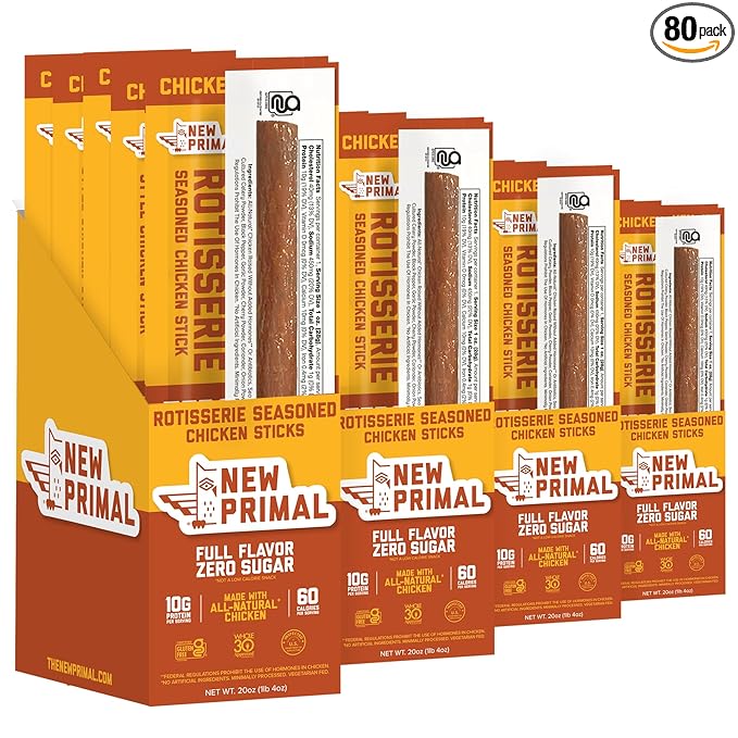 New Primal Rotisserie Chicken Sticks, Zero Sugar High Protein Snack, Gluten Free Whole30 Healthy Snacks, Keto and Paleo Friendly, Jerky Meat Stick, 10g Protein, 80 Ct