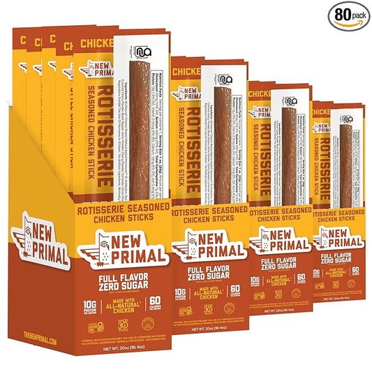 New Primal Rotisserie Chicken Sticks, Zero Sugar High Protein Snack, Gluten Free Whole30 Healthy Snacks, Keto and Paleo Friendly, Jerky Meat Stick, 10g Protein, 80 Ct