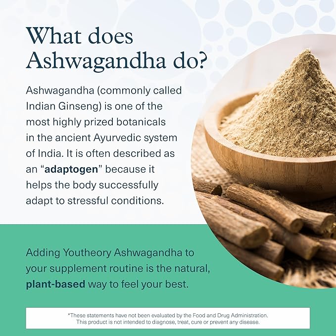 Youtheory Ashwagandha + GABA - Uses Organic KSM-66-1,000 mg Ashwagandha & 100 mg GABA - Cortisol, Energy, Stress & Memory Support Supplement - 60 Vegetarian Capsules (30-Day Supply)