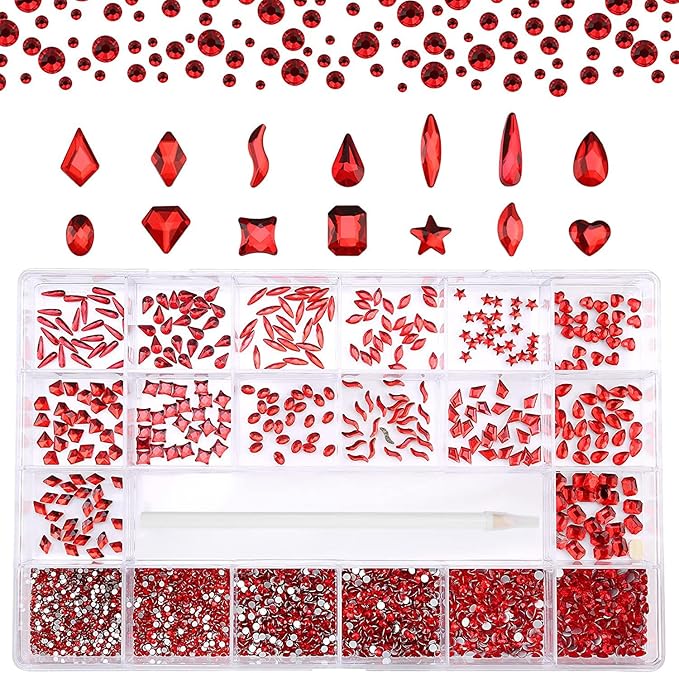 Nibiru 3830Pcs Red Multi Shapes Rhinestones Glass Diamonds Kit for Nail Art Jewels Decoration, Shiny Flatback Mix Size with Wax Pen