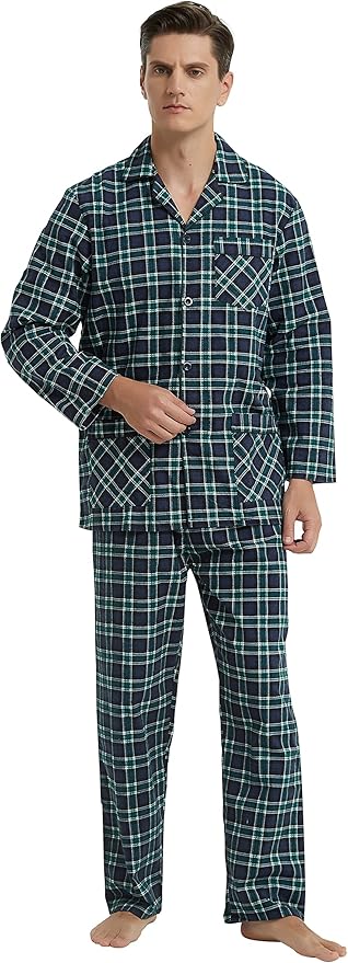 GLOBAL Men's Pajamas Sets 100% Cotton Flannel Sleepwear Long-Sleeve top & Bottom