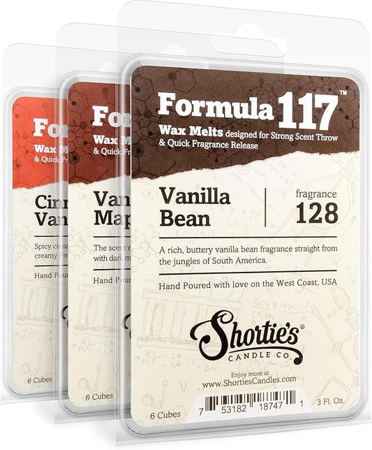 Shortie's Candle Company Vanilla Wax Melts Variety Pack - Vanilla Bean, Vanilla Maple, Cinnamon Vanilla - Formula 117-3 Highly Scented 3 Oz. Bars - Made with Natural Oils - Vanilla Warmer Wax Cubes