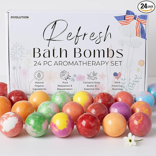 EvolutionUSA Refresh Bath Bombs for Women, 24 Lush Bath Bombs Mini Sized, Luxurious Womens Gift for Mother's Day, Easter, Birthday or Self Care, Luxurious & Relaxing Bathbombs, Womens Bath Balls