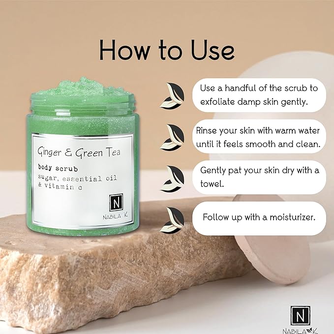 Ginger & Green Tea Body Scrub Made in USA with Essential Oil and Vitamin C by Nabila K - Exfoliate and Moisturize for Smooth Skin - Luxury for Women & Men, 10 oz