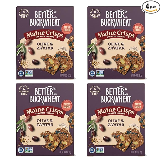 Maine Crisp Olive & Za'atar Crisps, 4 Pack, Gluten Free Crackers - Snack Crackers, Grain Free, Non-GMO - Sweet & Savory Flavor, For Cheese Boards, Salad Toppings & Jams