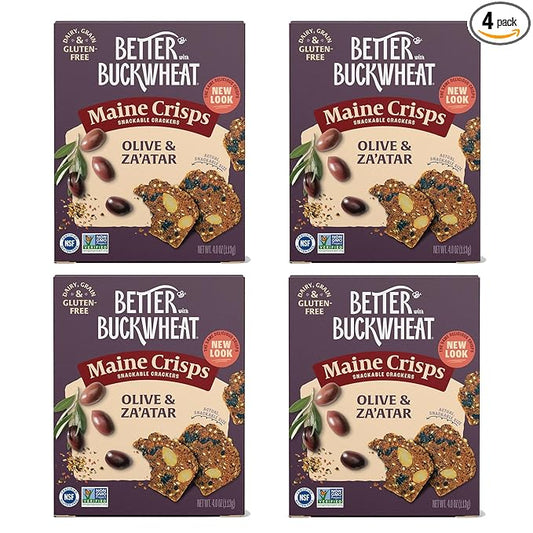 Maine Crisp Olive & Za'atar Crisps, 4 Pack, Gluten Free Crackers - Snack Crackers, Grain Free, Non-GMO - Sweet & Savory Flavor, For Cheese Boards, Salad Toppings & Jams