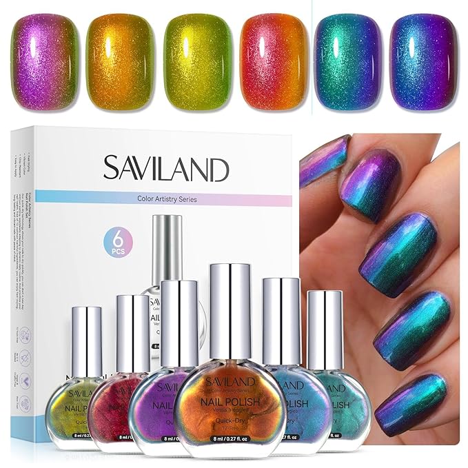 SAVILAND Chrome Nail Polish Set: 12-Free Chameleon Holographic Nail Polish Quick Dry 6 Colors Metallic Fingernail Polish Nail Lacquer Set Nail Art Galaxy Nails DIY Christmas Gift For Women 8ml