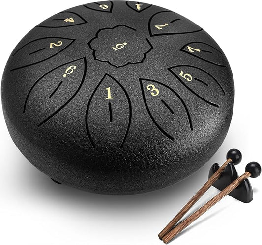 Facmogu Steel Tongue Drum, 6 Inch 11 Notes Rain Drum for Outside, Handpan Drums with Bag, Sticks, Finger Picks, Percussion Instrument for Meditation Yoga Musical Education Concert Mind Healing - Black