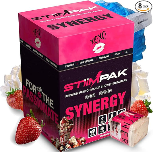 Shower Steamers | Synergy | XL 80g | Intimacy, Relaxation & Self-Love Aromatherapy | Caffeine, L-Theanine & Menthol | Gift for Women | Strawberry Vanilla | STiiMPAK (8 Pak + Loofah)